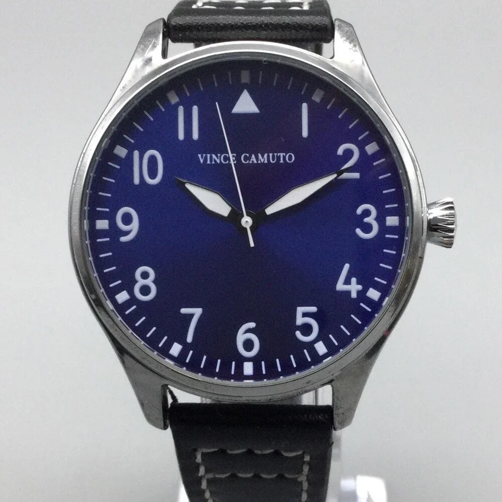 Vince Camuto Mens Watch 42mm Silver Tone Blue Dial Black Faux Leather 3ATM